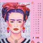 Illustration einer Frau mit Blumen im Haar. Kalender mit Januar-Tagen. Text „JANUAR“ unten rechts.