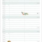 Kalenderseite für Januar mit Illustrationen von Tannenzapfen, einem Eichhörnchen, einem Schlitten und einem Vogel.