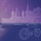 01, Kalender mit gezeichneter Architektur, Möwen und Fahrrad auf violettem Hintergrund.