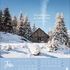 Zitat von William Shakespeare: "Die beste Wärterin der Natur ist Ruhe." Winterlandschaft mit Hütte und schneebedeckten Bäumen. Januar-Kalender.