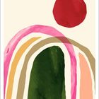 Kalenderblatt Januar mit buntem, abstraktem Motiv: Ein grüner Bogen und eine rote Sonne auf beigem Hintergrund.