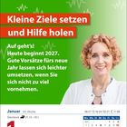 "Kleine Ziele setzen und Hilfe holen. Auf geht's! Heute beginnt 2027." Kalender: 1. Januar, Neujahr, Freitag.