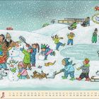 Kalenderblatt mit "Januar". Menschen bauen Schneemänner, rodeln und spielen im Schnee. Ein Schild zeigt "Park Café". Schneefall überall.
