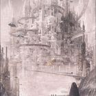 „City in Mist“, Kalenderzahlen von 01 bis 31; futuristische Stadtlandschaft mit verschneiten Strukturen und schwebenden Fahrzeugen.
