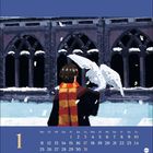 Kalender für Januar mit einer Illustration: Eine Person mit rot-gelbem Schal im Schnee, ein heller Vogel fliegt.