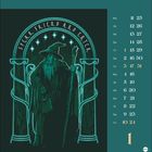 "Speak Friend and Enter." Kalender mit leuchtend grünem Zauberer und Säulen. Monatsübersicht seitlich.