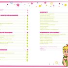 Inhalt mit Rezeptnamen und Seitenzahlen. Illustration eines Mädchens mit gelbem Haar und grünem Kleid am unteren Rand.