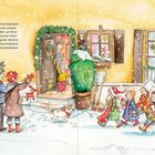 Text: "In der Weihnachtsbäckerei gibt es manche Leckerei..."  
Illustration: Kinder im Schnee vor einem Haus, das weihnachtlich geschmückt ist.