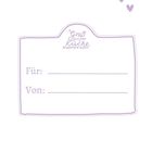 Label „Gruß aus der Küche“, darunter „Für:“ und „Von:“. Oben rechts zwei Herzen. Schlichte, violette Illustration.