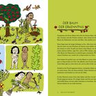 DER BAUM DER ERKENNTNIS. Eva und Mann im Garten Eden. Schlange verführt Eva. Früchte und Vertreibung. Illustrationen biblischer Szene.
