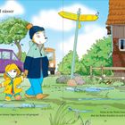 „Nass und nasser“. „In den letzten Tagen hat es so viel geregnet!“. Illustration: Zwei Tiere spazieren, Pfützen, bunte Schilder.