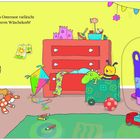 Text: „Ist das Osternest vielleicht hinterm Wäschekorb?“ Illustration: Bär mit Stofftier in buntem Kinderzimmer.