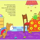 Text: "Es ist Abend geworden. Ab ins Bett, Bobo!... Ist Bobos Giraffe vielleicht unter dem Tisch?" Illustration: Eine Bärenfamilie.