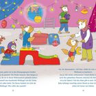 Seite 12: "Als alle fertig sind, gehen sie in den Bewegungsraum..." Seite 13: "So, ihr Astronauten," ruft Paul.

Eine bunte Illustration zeigt Tiere, die in einem dekorierten Raum mit Planeten und Sternen spielen.