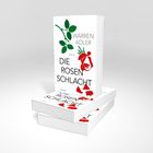 "Die Rosenschlacht" von Warren Adler, grüner Zweig mit roten Rosen; Bücherstapel auf weißem Hintergrund.