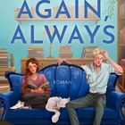 „ONCE, AGAIN, ALWAYS“ und „ROMAN“. Zwei Menschen sitzen auf einem blauen Sofa, mit einem weißen schlafenden Tier dazwischen.