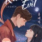 Text: "THEA HONG Raising Evil LEGACY", "MIT SONG ZUM BUCH", "lubbe". Illustration eines Paares unter einem Mond.