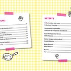 Einleitung: Tipps zur Familienküche. Rezepte: Frühstück bis Desserts. Hintergrund: gelbes Karo-Muster, Illustrationen.