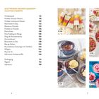 Desserts-Titel, Rezepte mit Seitenzahlen: Bilder von farbenfrohen Desserts, z.B. Eis am Stiel, Mousse, Granola, Sorbet.