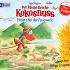Text: Ingo Siegner - Der kleine Drache Kokosnuss: Einsatz bei der Feuerwehr, gelesen von Philipp Schepmann. Illustration: Ein roter Drache löscht ein Feuer, Tiere rennen davon.