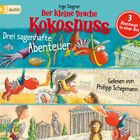 "Der kleine Drache Kokosnuss: Drei sagenhafte Abenteuer. 3 Abenteuer in einer Box. Gelesen von Philipp Schepmann." 

Illustration: Der Drache Kokosnuss, ein Krieger und alte Ruinen.