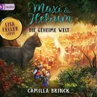 „Maxi & Helium: Die geheime Welt“. Oben ein großes schwarzes Kätzchen, unten zwei Mäuse mit Rucksäcken vor einer Stadt.
