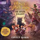 "Maxi & Helium: Die letzte Schlacht" von Camilla Brinck. Illustration mit Tieren und Fantasiewesen in kampfbereiter Pose.