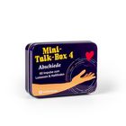 Text: "Mini-Talk-Box 4, Abschiede, 60 Impulse zum Loslassen & Haltfinden". Illustrationen: Hand, Herz, bunte Linien.