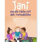 "Jani und die Sache mit der Mutmaschine" steht oben. Drei Kinder sitzen im Kreis und lächeln.