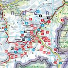 Karte mit vielen roten Zahlen, Ortsnamen wie St. Moritz, Flüsse, Straßen und Höhenangaben in den Alpen.