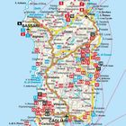 Eine Karte von Sardinien mit Städtenamen und Straßen. Unten steht "CAGLIARI", oben "SASSARI", rechts "OLBIA".