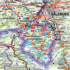 Landkarte mit Städten und Nummern, hauptsächlich Salzburg, Berchtesgaden und Umgebung, rot-lila Grenzen und Straßen.