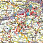 Karte mit Ortsnamen wie Dresden, Ústí und Teplice, nummerierte Markierungen in Rot und Blau, Straßen und geografische Details.