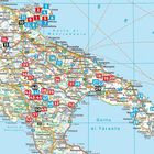 Eine detaillierte Karte von Süditalien mit Städtenamen und Zahlen in roten und blauen Kästchen.