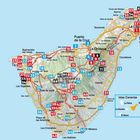 Karte von Teneriffa mit nummerierten Orten. Markant: Santa Cruz, La Laguna, und El Teide. Rechts unten: Karte der Kanaren.