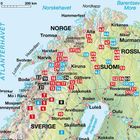 Eine beschriftete Karte von Nordskandinavien mit Städten und Nummern in Rot und Blau.