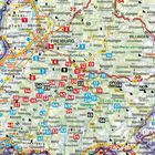 Karte von Freiburg und Umgebung mit nummerierten Punkten und Ortsnamen. Enthält Straßen, Grenzen und Naturparks.