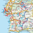 Karte mit Städten wie Lissabon, Setúbal und Badajoz. Wichtige Straßen rot markiert, Wasserflächen in blau.