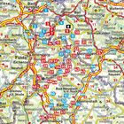 Eine Karte mit zahlreichen farbigen nummerierten Markierungen, Städtenamen und roten Straßenlinien in einem geographischen Gebiet.