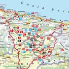 Karte mit Orten und Routen in Nordspanien: „Costa Verde“, „Picos de Europa“, farbige Nummern auf rotem, blauem, schwarzem Hintergrund.