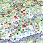 Eine farbige Landkarte von Tirol mit nummerierten Skigebieten und Skipisten.