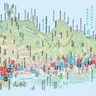 Karte von Patagonien mit Städten, Routen und markierten Punkten. Städte in schwarzem Text, Routen in rotem Text.