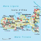 Karte der Isola d'Elba mit Orten wie Portoferraio, Marciana und Capoliveri, umgeben von Mare Ligure und Mare Tirreno.