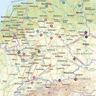 Eine bunte Karte zeigt Städte und Länder in Europa, darunter Deutschland, Belgien, und die Schweiz, mit nummerierten Orten.