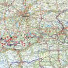 MÜNCHEN, ROSENHEIM, SALZBURG, farbige Routen und nummerierte Punkte auf einer detaillierten Straßenkarte.