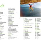 Text: Inhalt, Vorwort, Sicherungstechnik, Knotenkunde, Eisschrauben, Ablassen, Klettern im Vorstieg. Rechts: Person klettert.