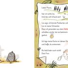 Text auf einem Blatt: Brief von Finn an Flavio, erwähnt Schwester Lia und Jenseits. Illustration: Junge vor Grabstein mit "FLAVIO".