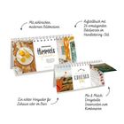 Texte: "Mit zahlreichen, modernen Bildmotiven", "Dreifaches Himmelsglück", "Ein echter Hingucker", "Aufstellbuch", "Mix & Match". Spiralgebundene Tischkalender mit Fotomotiven.