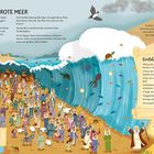 "Mose teilt das Rote Meer". Illustration: Menschen gehen durch geteiltes Meer, Fisch und Tiere sichtbar, Wanderung beschrieben.