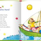 Links steht: "Nimm meine Hand". Ein Gebet von Franz Hübner. Rechts eine Illustration mit Kindern im Segelboot auf Wellen.